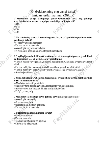 o`zbekistonning eng yangi tarixi fanidan tеstlar majmui (204 та) — PDF