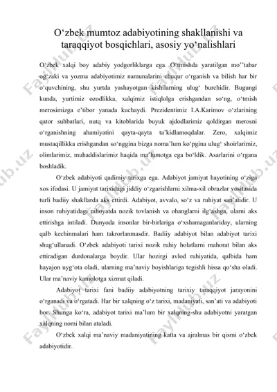 o‘zbek mumtoz adabiyotining shakllanishi va taraqqiyot bosqichlari, asosiy yo‘nalishlari — DOC