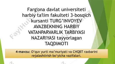 o‘quv yurti ma’muriyati va chqbt raxbarini rejalashtirish bo‘yicha vazifalari — PPTX