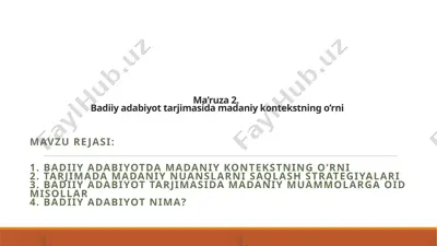 badiiyadabiyot tarjimasi damadaniy kontekstning o'rni — PPTX