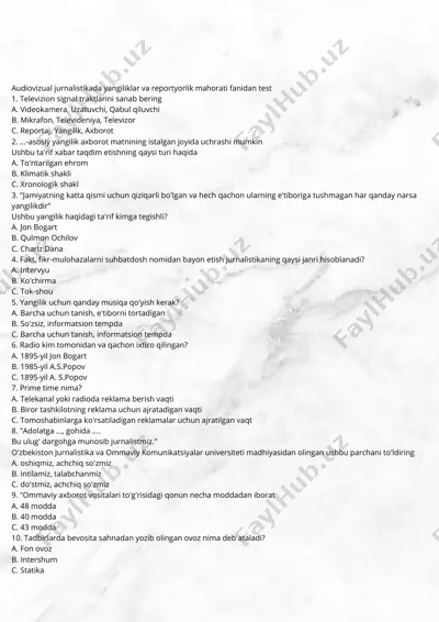 audiovizual jurnalistikada yangiliklar va reportyorlik mahorati fanidan test — PPTX