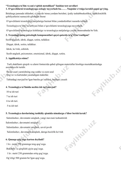 texnologiya ta’lim va uni o‘qitish metodikasi fanidan test savollari — DOC