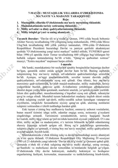 mustaqillik yillarida o’zbekistonda ma’naviy va madaniy taraqqiyot — DOC