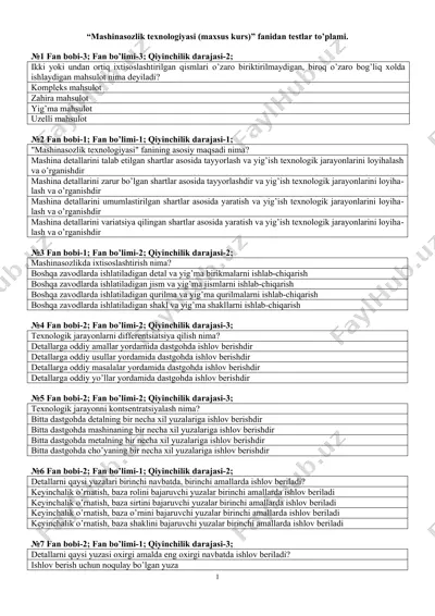 mashinasozlik texnologiyasi (maxsus kurs) fanidan testlar to’plami — DOC
