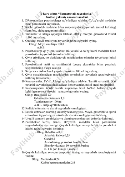 farmatsevtik texnologiya uchun "farmatsevtik texnologiya" fanidan yakuniy nazorat savollari — DOC