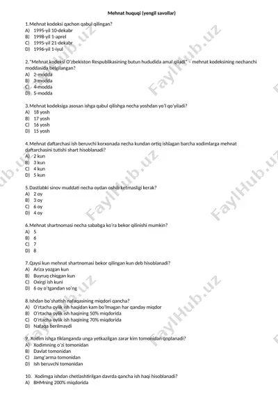 mehnat huquqi (yengil savollar) — DOC