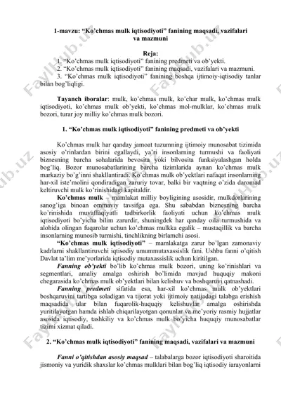 "ko’chmas mulk iqtisodiyoti" fanining maqsadi, vazifalari va mazmuni — DOCX