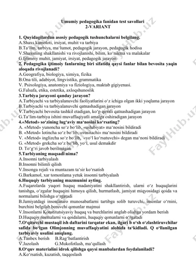 umumiy pedagogika fanidan test savollari — DOCX