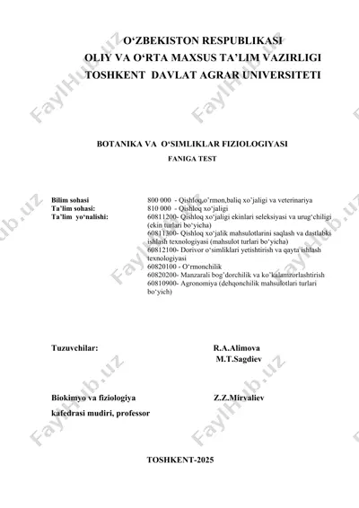 o’simliklar fiziologiyasi fanidan yakuniy nazorat uchun test savollari — DOCX