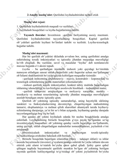 amaliy mashg’ulot: qurilishni loyihalashtirishni tashkil etish — DOCX