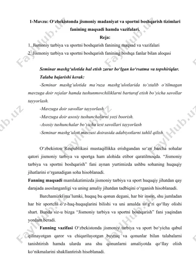 o‘zbekistonda jismoniy madaniyat va sportni boshqarish tizimlari fanining maqsadi hamda vazifalari — DOCX