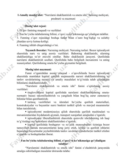 narxlarni shakllantirish va smeta ishi fanining mohiyati, predmeti va mazmuni — DOCX