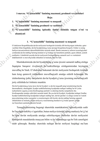 "g'aznachilik fanining mazmuni, predmeti va vazifalari" — DOCX