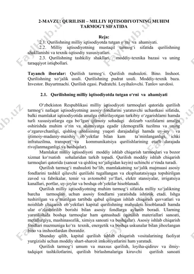 qurilish – milliy iqtisodiyotning muhim tarmog’i sifatida — DOCX