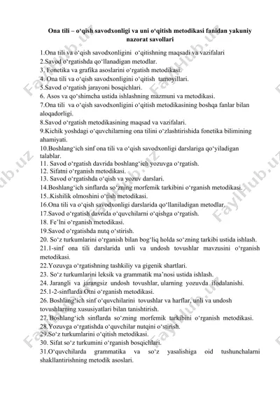 ona tili va o‘qish savodxonligi fanidan yakuniy nazorat savollari — DOCX