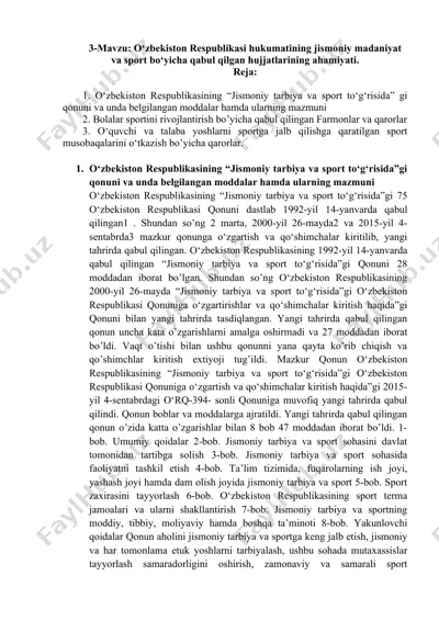o‘zbekiston respublikasi “jismoniy tarbiya va sport to‘g‘risida”gi qonuni va unda belgilangan moddalar — DOCX
