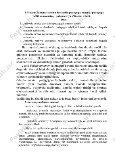 jismoniy tarbiya darslarida pedagogik nazorat: pedagogik tahlil, xronometraj, pulsometriya o’tkazish uslubi — DOCX