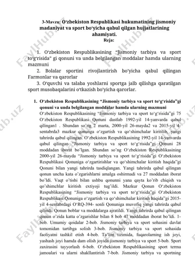 o‘zbekiston respublikasi "jismoniy tarbiya va sport to'g'risida"gi qonuni va unda belgilangan moddalar haqida — DOCX