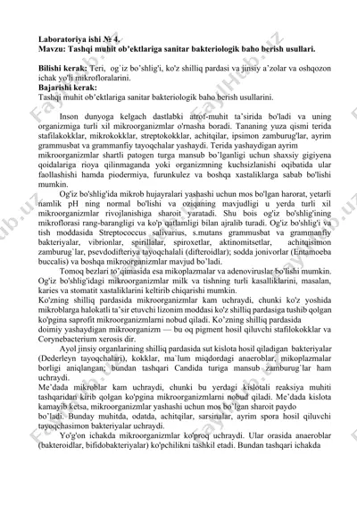 tashqi muhit obʼektlariga sanitar bakteriologik baho berish usullari — DOCX