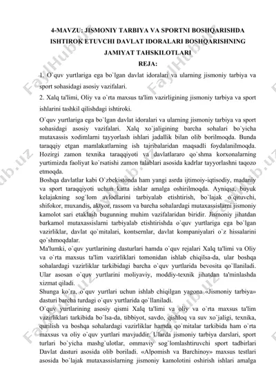 o`quv yurtlariga ega bo`lgan davlat idoralari va ularning jismoniy tarbiya va sport sohasidagi asosiy vazifalari — DOCX