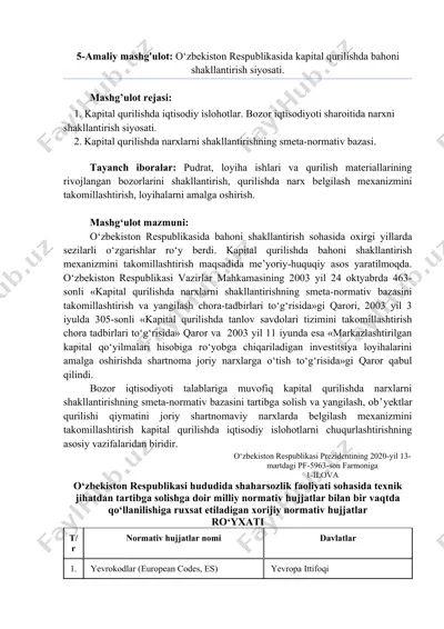 kapital qurilishda bahoni shakllantirish siyosati — DOCX