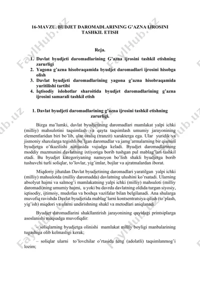 davlat byudjeti daromadlarining g’azna ijrosini tashkil etish — DOCX