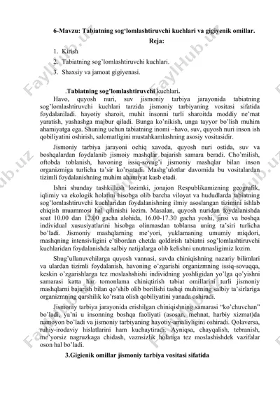 tabiatning sog‘lomlashtiruvchi kuchlari va gigiyenik omillar — DOCX