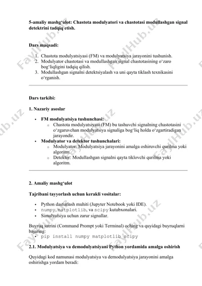chastota modulyatori va chastotasi modullashgan signal detektrini tadqiq etish — DOCX