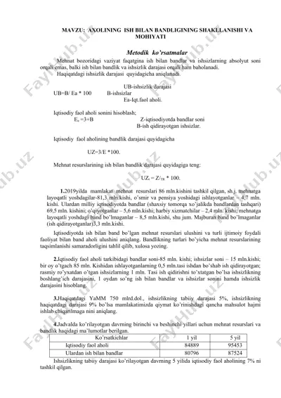 ishsizlik darajasini hisoblash usullari — DOCX