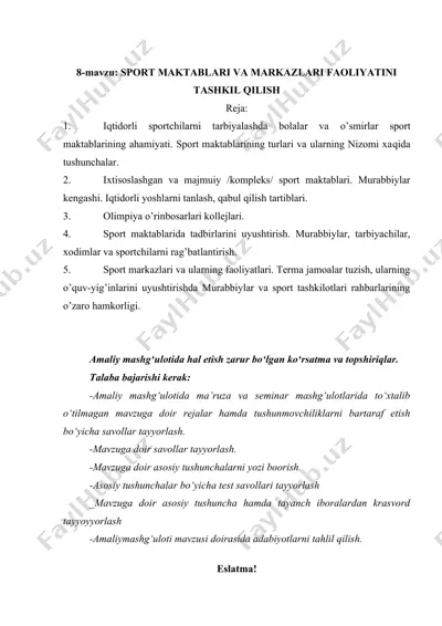 sport maktablari va markazlari faoliyatini tashkil qilish — DOCX