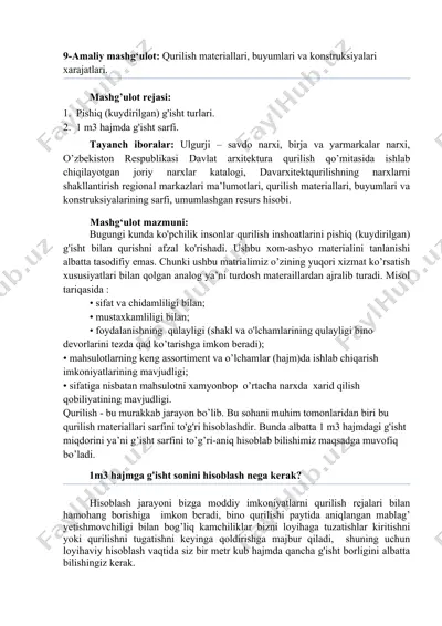 amaliy mashg‘ulot: qurilish materiallari, buyumlari va konstruksiyalari xarajatlari — DOCX