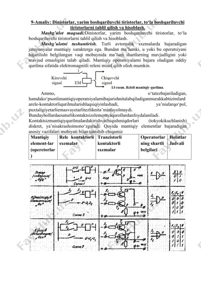 dinistorlar, yarim boshqariluvchi tiristorlar, to‘la boshqariluvchi tiristorlarni tahlil qilish va hisoblash — DOCX