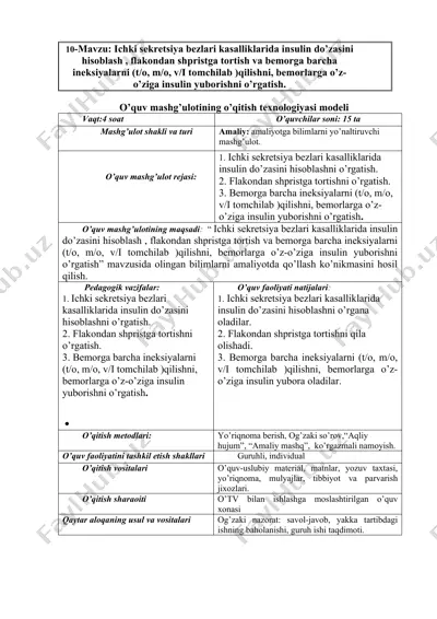 ichki sekretsiya bezlari kasalliklarida insulin do’zasini hisoblash, flakondan shpristga tortish va bemorga barcha ineksiyalarni (t/o, m/o, v/i tomchilab )qilishni, bemorlarga o’z-o’ziga insulin yuborishni o’rgatish — DOCX