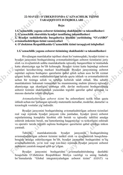 o'zbekistonda g'aznachilik tizimi taraqqiyoti istiqbollari — DOCX