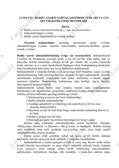 badiiy asarni sahnalashtirish turlari va uni qo’yib ko’rsatish metodlari — DOCX
