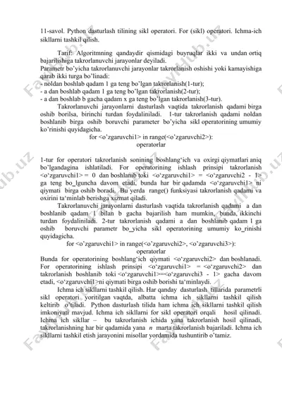 python dasturlash tilining sikl operatori. for (sikl) operatori. ichma-ich sikllarni tashkil qilish. — DOCX