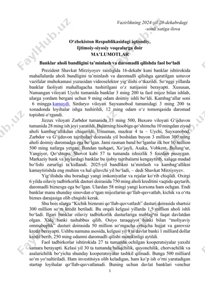 banklar faoliyati va aholi bandligi — DOCX