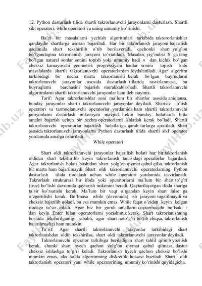 python dasturlash tilida shartli takrorlanuvchi jarayonlarni dasturlash — DOCX