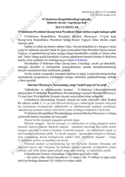 shavkat mirziyoyev xorazmning yangi “tashrif qog‘ozi”ni aytdi — DOCX