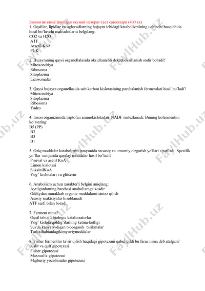 biologik kimyo fanidan yakuniy nazorat test savollari (400 ta) — DOCX