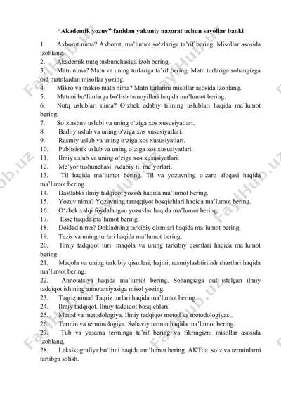 akademik yozuv fanidan yakuniy nazorat uchun savollar banki — DOCX