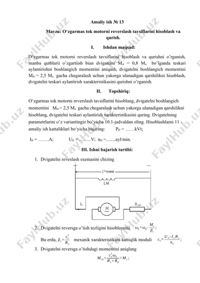 o'zgarmas tok motorni reverslash tavsiflarini hisoblash va qurish — DOCX