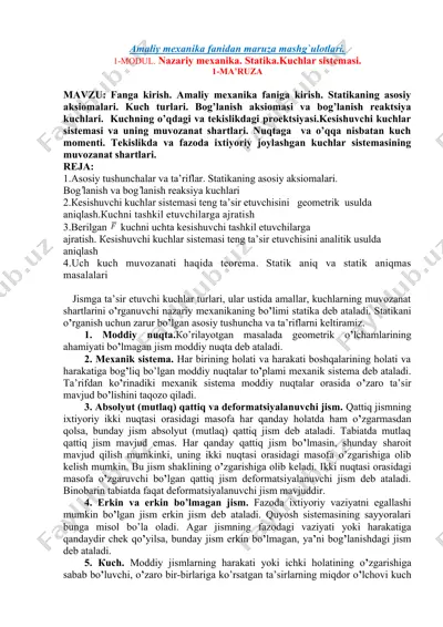 amaliy mexanika fanidan maruza mashg`ulotlari — DOCX
