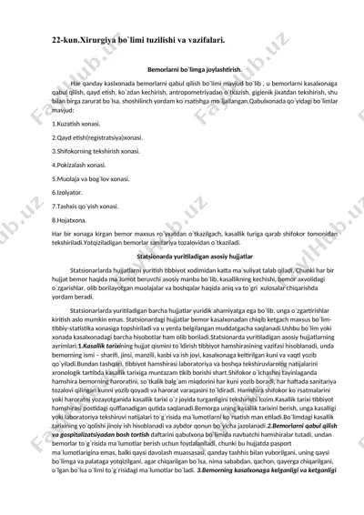 bemorlarni kasalxonaga joylashtirishning tuzilishi va vazifalari — DOCX