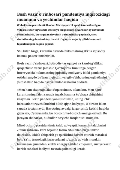 bosh vazir o‘rinbosari pandemiya inqirozidagi muammo va yechimlar haqida — DOCX