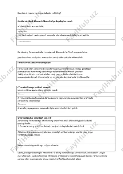 bioetika 6-mavzu yuzasidan jadvalni to'ldiring — DOCX