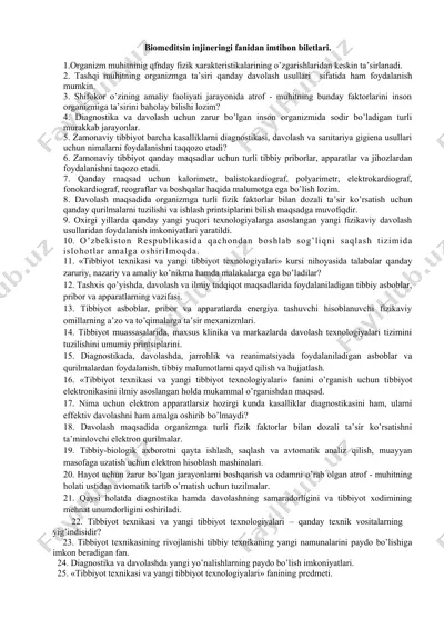biomeditsin injineringi fanidan imtihon biletlari — DOCX