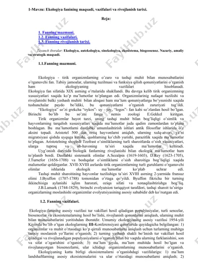 ekologiya fanining maqsadi, vazifalari va rivojlanish tarixi — DOCX