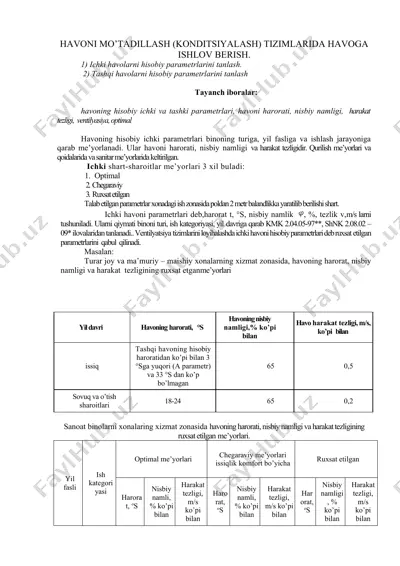 havoni mo'tadillash (konditsionalash) tizimlarida havoga ishlov berish — DOCX