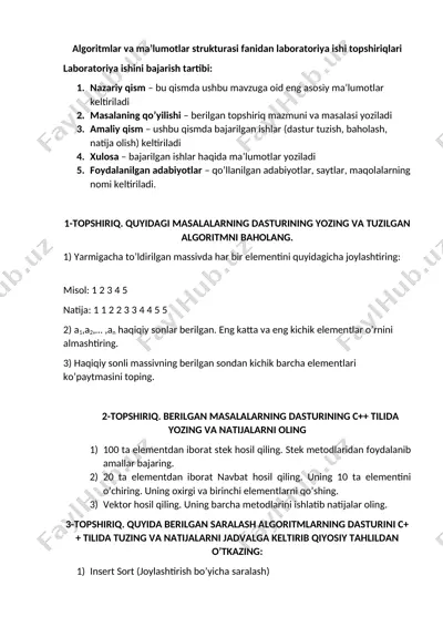 algoritmlar va ma’lumotlar strukturasi fanidan laboratoriya ishi topshiriqlari — DOCX